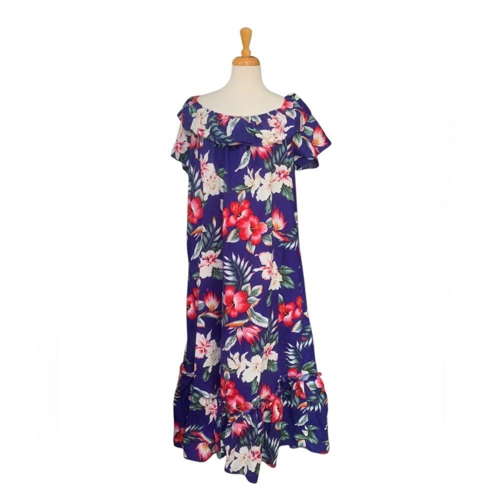 Vintage 80’s 100%Colton blue floral ruffle off shoulder Hawaiian maxi dress sz L